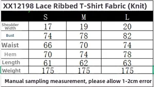 Size chart showing S, M, L dimensions for the lace ribbed knit T-shirt in detail