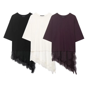 Maglietta da Donna Casual a Maniche Corte Con Patchwork in Pizzo Orlo Asimmetrico Girocollo Top di Moda Streetwear per Donna