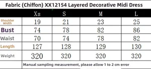 Size chart for tiered chiffon midi dress showing measurements in centimeters for XS to L