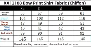 Detailed size chart for the bow print chiffon blouse showing shoulder and chest measurements