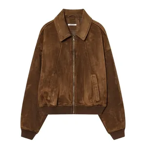 Veste Vintage En Suédine Pour Femme Fermeture Éclair Col À Revers Décontracté Extérieur Marron Manches Longues Mode Manteau