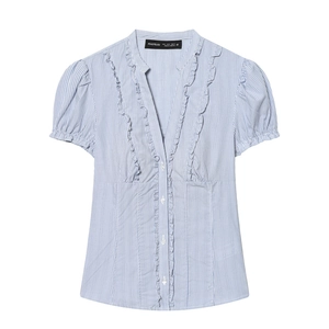 Women's blue striped short sleeve shirt with ruffled V-neckline and lantern sleeves