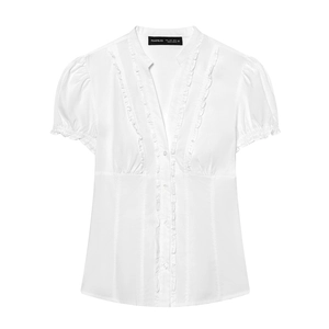Elegant white V-neck short sleeve blouse with ruffle collar and puff sleeves
