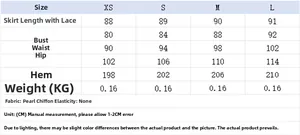 Detailed size guide table for women's pearl chiffon dress with length and bust specs