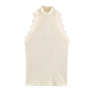 Women's Elegant Mock Neck Rib-Knit Sleeveless Top With Delicate Lace Trim Slim Fit Casual Knitwear Tank Top For Daily Wear Spring