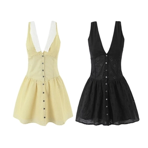 Women Summer Sleeveless V-Neck Mini Dress Polka Dot Eyelet Embroidery Smocked Waist Button Front Casual A-Line Sundress