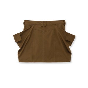 Brown high waist mini skirt featuring unique 3D architectural pockets and slim fit design