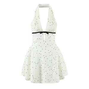Robe Dos Nu à Pois pour Femmes Retro Noir Blanc Col en V Profond Dos Nu Robe Courte Trapèze Avec Nœud Mode d'Été Fête