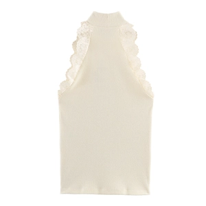 Elegant sleeveless ribbed knit top for women with delicate lace trim on shoulders