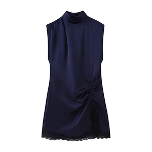 Navy Blue Satin Sleeveless Midi Dress With Mock Neck Black Lace Patchwork Side Draping Slim Fit Elegant Party Dress Women