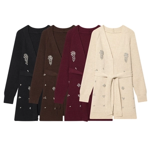 Cardigan en Tricot Décontracté pour Femmes Col en V Manches Longues Décoration Florale en Strass avec Ceinture à Nouer