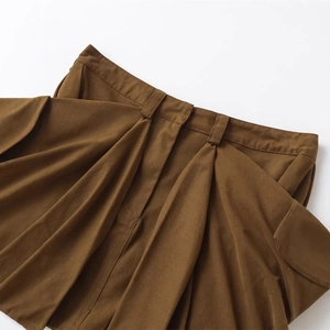 Slim fit high waist casual brown skirt with pleated details and matching belt loops