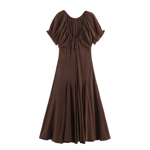 Women's Sexy Dark Brown Crinkled Mesh Midi Dress French Retro V-Neck Back Tie Puff Sleeve A-Line Polyester Long Dress