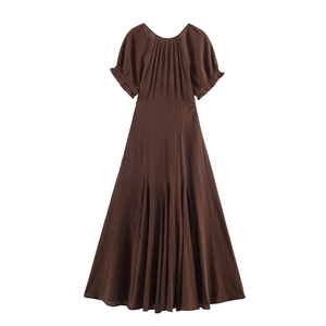 Elegant dark brown puff sleeve mini dress with pleated mesh texture and A-line skirt style