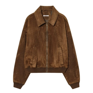 Veste aviateur vintage en daim marron pour femme avec col classique et finitions