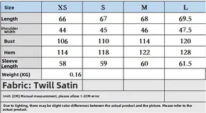 Guide des tailles pour chemisier en satin imprimé femme, mesures détaillées du XS au L
