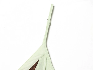 Detail of mint green strap and brown lace stitching on a slim-fit dress