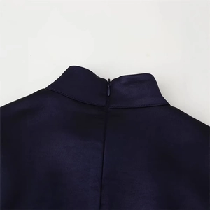 Elegant dark blue satin dress with stand collar and hidden back zipper detail