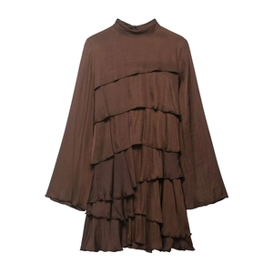 Women Satin Mesh Tiered Ruffle Dress Mock Neck Long Sleeve Slim Fit Solid Color Elegant Niche Design Party Short Dress