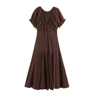 Deep brown short sleeve pleated dress with deep neckline and drawstring tie detail