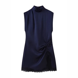 Navy blue satin dress with elegant stand collar, side ruching and black lace hem details