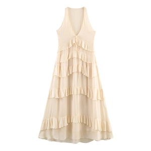 Sexy Deep V Neck Halter Layered Ruffle Chiffon Maxi Dress Elegant Tiered Sleeveless Flowy Evening Party Dress For Women