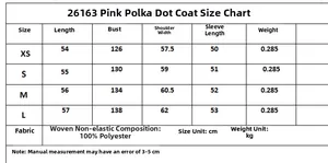 Size chart for pink polka dot jacket with length, bust, and sleeve measurements in cm