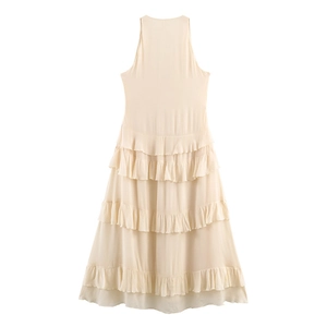Sleeveless multi-layered ruffle mini dress in light beige with halter neck and A-line fit