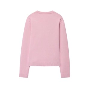 Vista posteriore del cardigan rosa in maglia con girocollo e bordo a coste fine