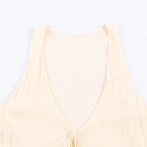 Sexy apricot V-neck dress for women with elegant tiered pleated details and soft texture