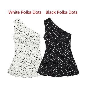 Robe Courte Sexy à Une Épaule pour Femmes Motif à Pois Ourlet à Volants Plissé Coupe Slim Sans Manches Bodycon Fête