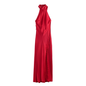 Robe Dos Nu Sexy Femme Rouge en Satin avec Dentelle Épissée Col Bénitier Midi Robe de Soirée Élégante