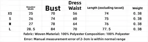 Detailed size chart for polyester fringe mini dress including chest and waist measurements