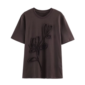 Women Fashion Dark Coffee T-Shirt Short Sleeve Round Neck 3D Ruffle Abstract Floral Loose Casual Polyester Top