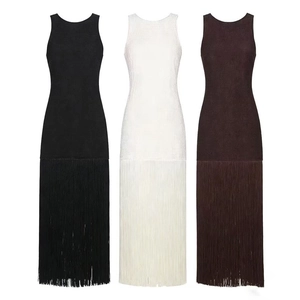 Detailed view of sleeveless bodycon maxi dresses featuring fringe hems in black, white and brown