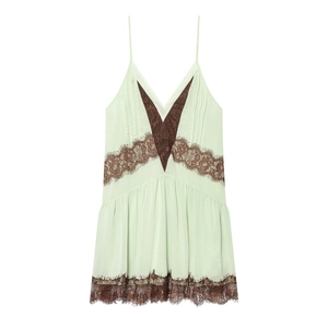 Women Vintage Lace Patchwork Slip Dress Spaghetti Strap V-Neck Mini Dress Scalloped Trim Pleated Chiffon Summer Streetwear Dress