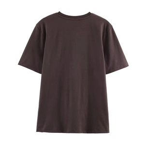 Women's loose short sleeve round neck T-shirt in dark brown color, back view display