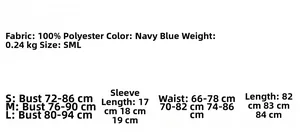 Detailed size chart for navy blue V-neck dress including bust and length measurements