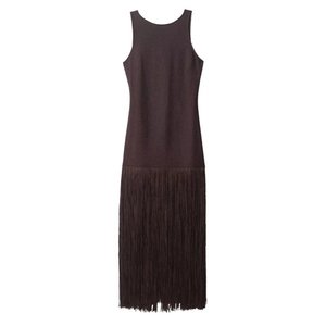Close-up of deep brown sleeveless knit dress featuring long fringe details and sleek texture