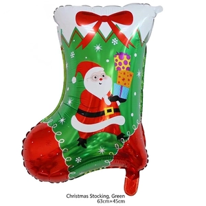 Detailed view of green Christmas stocking foil balloon with Santa illustration 63cmx45cm