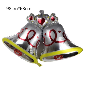 Silver bell-shaped aluminum foil balloon with red hearts and ribbons for Christmas decor
