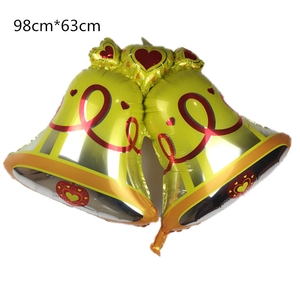 Detailed view of giant gold bell balloons with red hearts measuring 98cm by 63cm