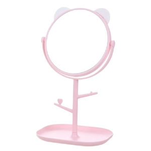 Pink cat ear desktop makeup mirror with jewelry organizer stand and storage base