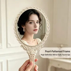 Vintage European pearl pattern handheld mirror for makeup with clear reflection in cream white