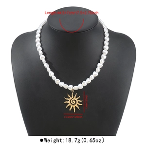 Detailed dimensions of heart pearl necklace with vintage sun pendant for women