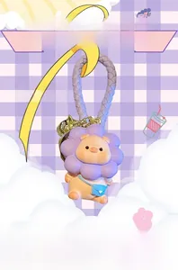 Sunflower pig pendant featuring a cute pink pig in a purple hood with a woven strap