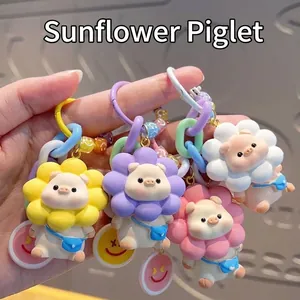 Cute Cartoon Sunflower Pig Keychain Resin Animal Pendant With Bell And Braided PU Leather Strap Backpack Charm