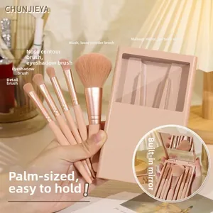 Macro detail of portable makeup brush set inside a pink mirror box held in hand
