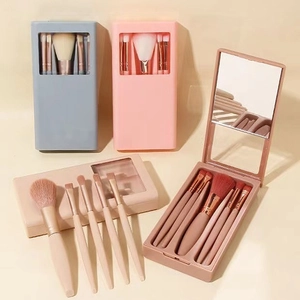 5 Pcs Portable Makeup Brush Set With Mirror Case Synthetic Fiber Bristles Plastic Handle Travel Cosmetic Tools For Powder Eyeshadow Blending Foundation Women Morandi Minimalist Style