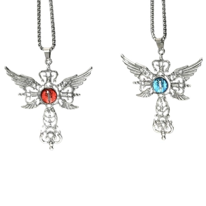 Gothic winged cross necklace with red and blue evil eye pendants in vintage silver finish